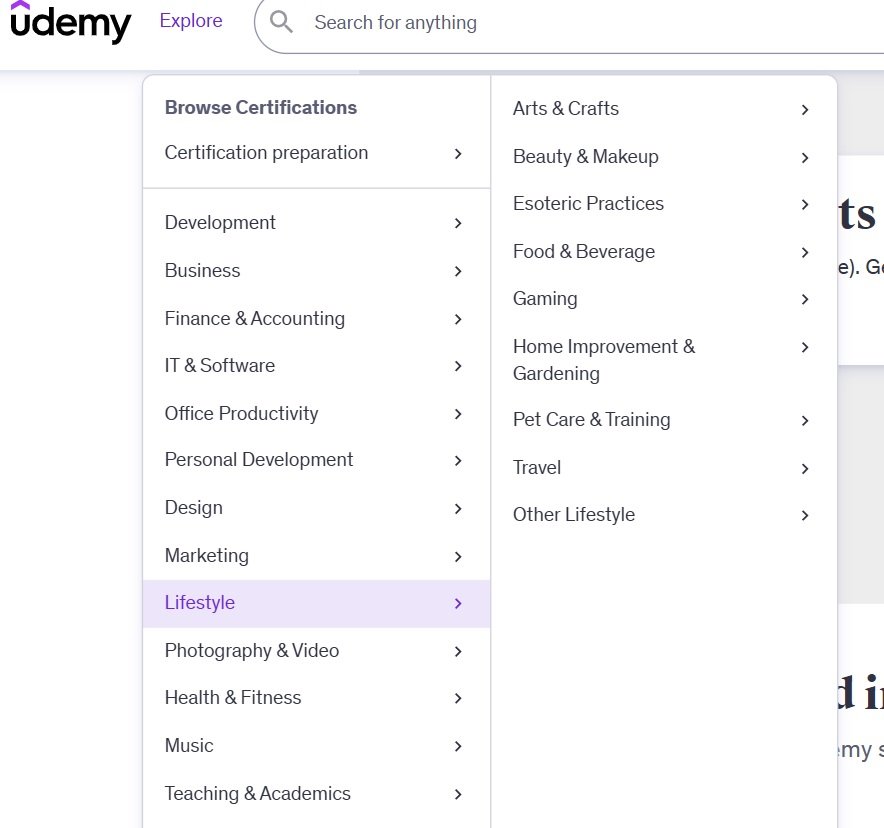Udemy courses category list